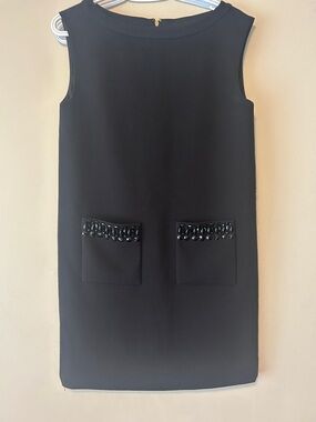 Kate Spade Sleeveless Black Mini Shift Dress with Beaded Pocket Trim
